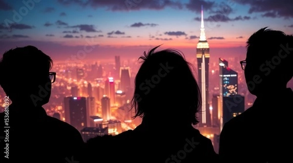 Fototapeta People and network, silhouette of people looking at a city to learn more about business