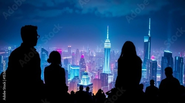 Fototapeta People and network, silhouette of people looking at a city to learn more about business