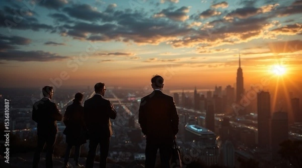 Fototapeta People and network, silhouette of people looking at a city to learn more about business
