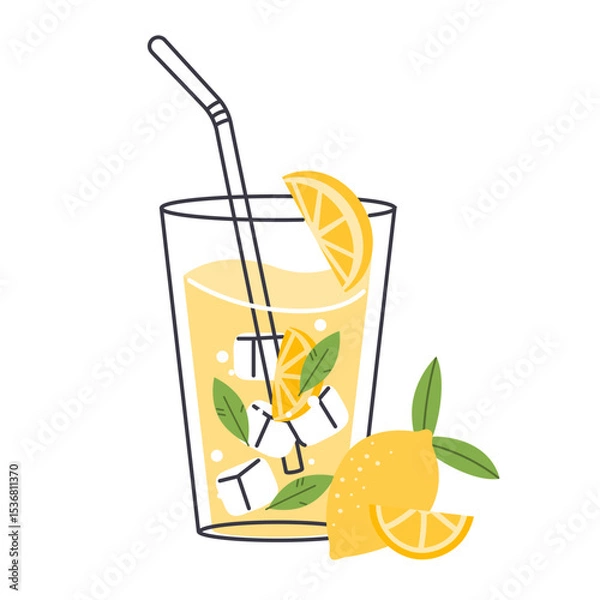 Fototapeta Lemonade refreshing drink, lemon soda in glass with straw and mint, vector icon hand drawn style