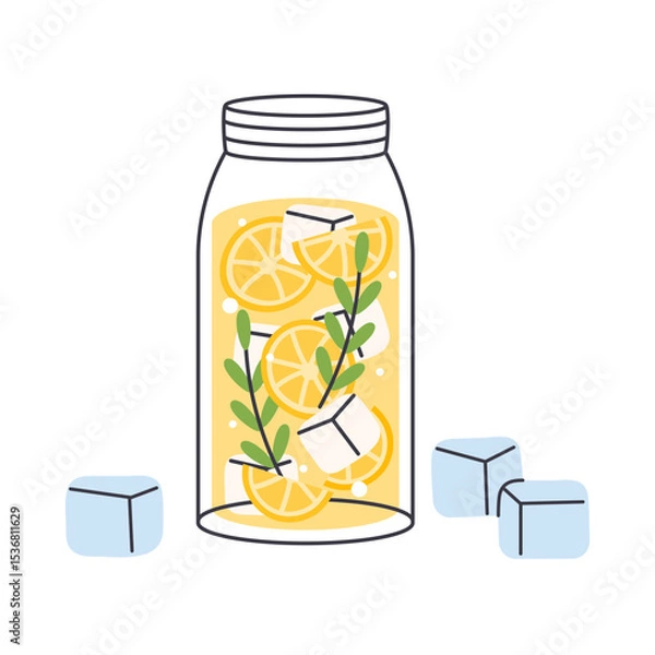 Fototapeta Cold refreshing lemonade mason jar with lemon slices, ice cube, vector illustration icon