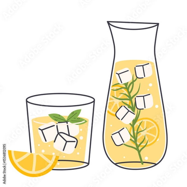 Fototapeta Icy-cold lemonade in glass and carafe, summer soda cold drinks with ice, lemon, hand drawn vector icon