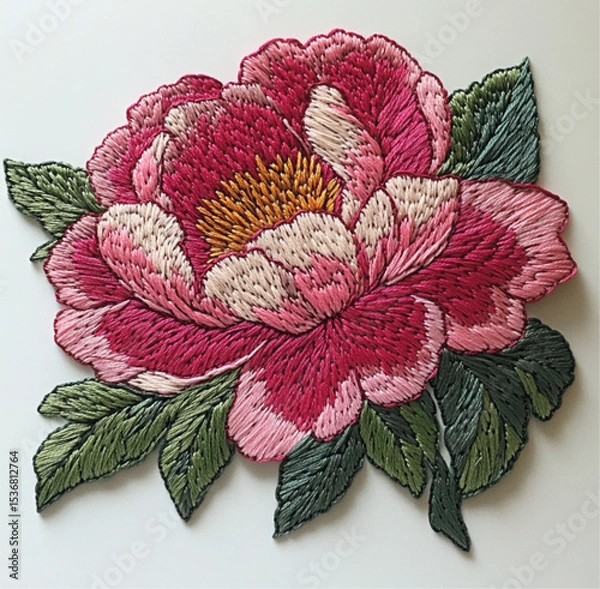 Obraz an embroidery patch of a peony flower on white background