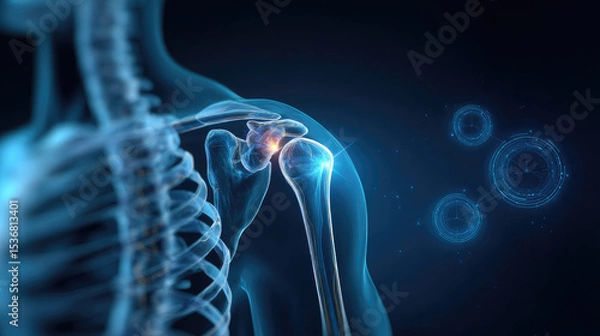 Fototapeta Striking Visual Representation of Human Shoulder and Neck Joints: Modern Abstract Design with Gradient Blue Background and Glowing Transparent Circles. Professional Illustration for Medical, Healthcar