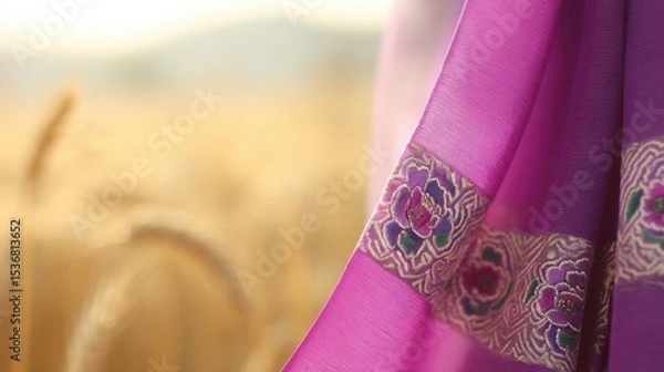 Fototapeta Close-up of vibrant purple fabric with intricate floral embroidery in pink, red, and green, edged with gold thread, gently draped against a softly blurred golden wheat field, warm rural atmosphere, 