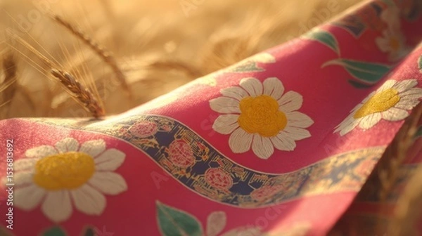 Fototapeta Vibrant pink floral fabric with large white daisy-like flowers, bright yellow centers, green leaves, and intricate blue-red border, set against a softly blurred golden wheat field during warm golden-h