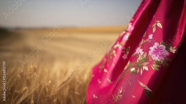 Fototapeta Close-up of vibrant pink floral embroidered fabric with pink flowers and green leaves, set against a soft golden wheat field and pale blue sky in rural backdrop.