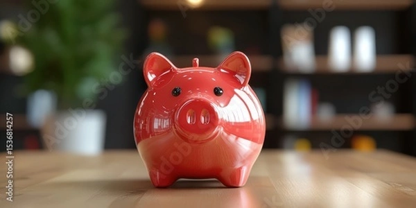 Fototapeta Bright red piggy bank on wooden table in modern interior setting reflects saving habits and financial planning