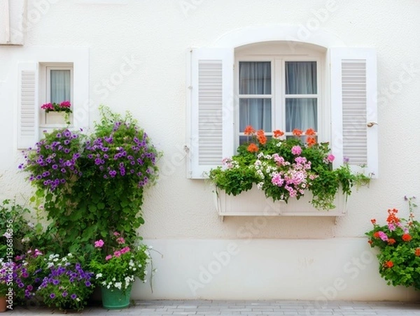 Fototapeta A window with bloomimg flowers in pots and white cute house with white walls