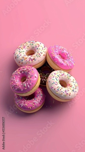Fototapeta Pile of pink and white donuts with icing and colorful sprinkle on pink background