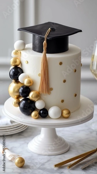 Fototapeta White tall cake with a graduation cap on the top and white, black and golden balls on the side standing on the table at the party