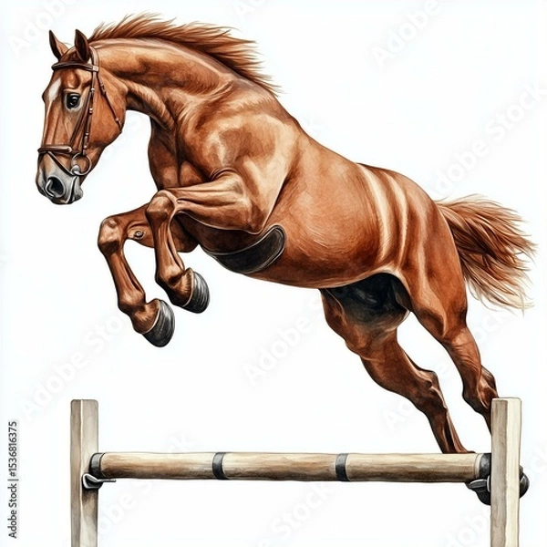 Fototapeta Brown stallion horse jumping over an obstacle on a white background