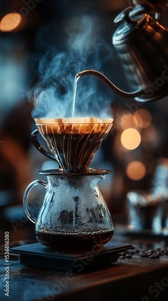 Fototapeta Steamy pour-over coffee with filter, kettle and a cup on the wooden dark table