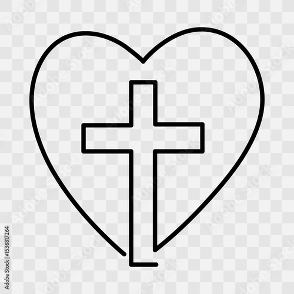 Obraz Heart and cross symbol in single line art style. Vector icon on a checkered background