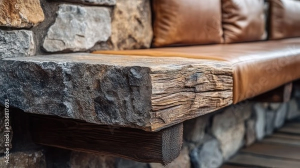 Fototapeta Rustic outdoor bench with stone and wood