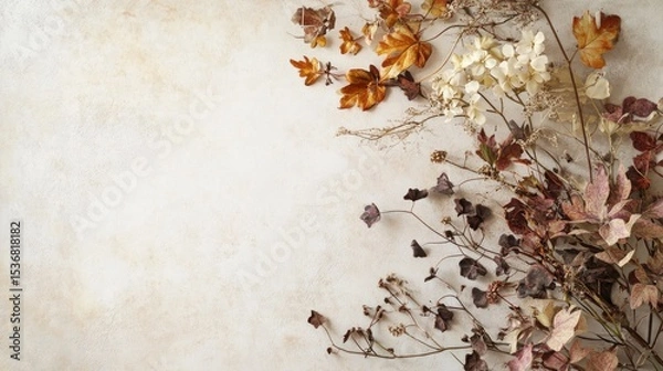 Obraz Dried autumnal leaves and flowers arranged on a textured surface.