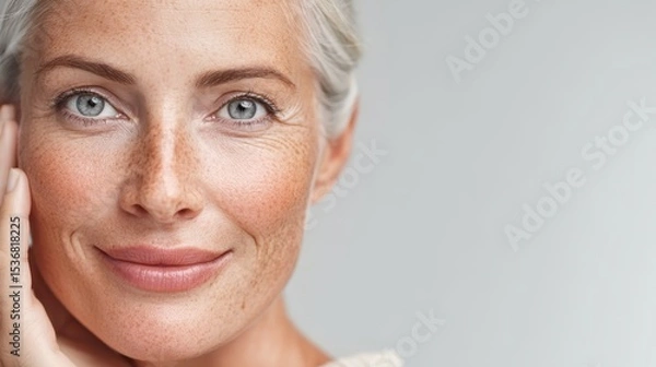 Fototapeta Senior woman with radiant smile, touching cheek softly, celebrating natural aging and displaying proud freckles and gentle wrinkles