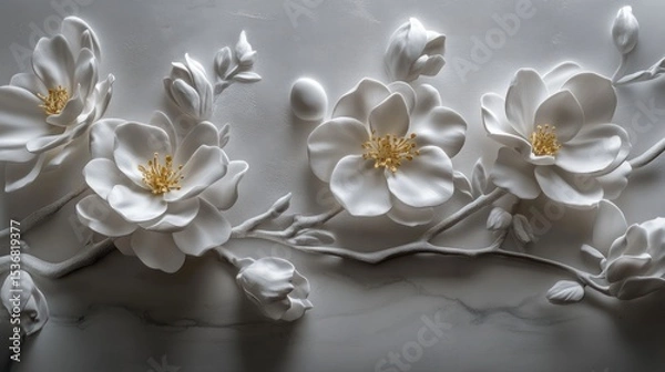 Obraz Ornate white flowers in a 3d relief design.