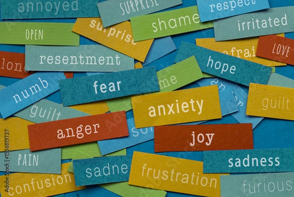 Fototapeta different emotions and feelings written on colorful papers - anxiety, anger, joy, sadness, emotional intelligence and mental health