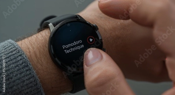 Fototapeta Close up of smart watch showing pomodoro technique on wrist with finger touching the screen device