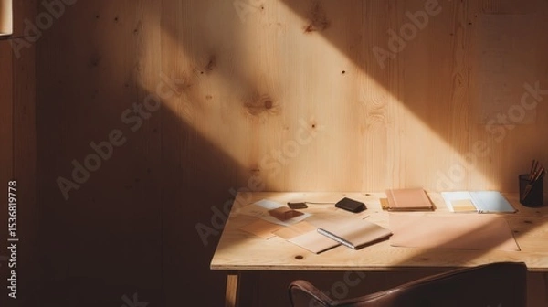 Fototapeta Tranquil workspace with wooden desk bathed in warm golden sunlight, neatly arranged notebooks, electronic device, papers, and black cup with writing instruments.