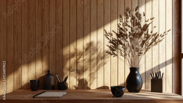 Fototapeta Serene minimalist wooden-paneled room bathed in warm golden sunlight, featuring black-themed table arrangement with mug, container, geometric holder, vase, bowl, and spiral-bound notebook.