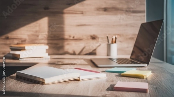 Fototapeta Organized wooden desk workspace bathed in warm sunlight with sleek silver laptop, white cup of writing utensils, open notebook, red pen, pastel sticky notes, and stacked colorful books.