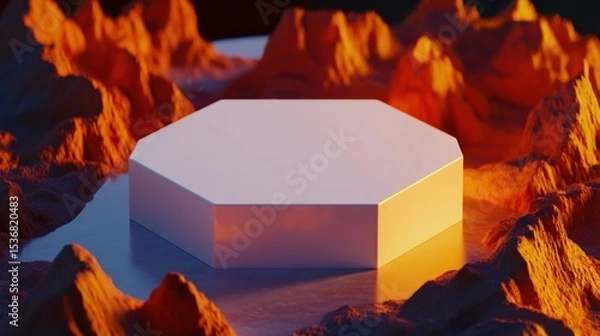 Obraz White octagonal podium amidst a landscape of textured hills.