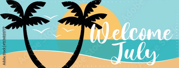 Fototapeta Colorful welcome summer vacation banner with palm trees on the beach. Hand drawn vector illustration. 