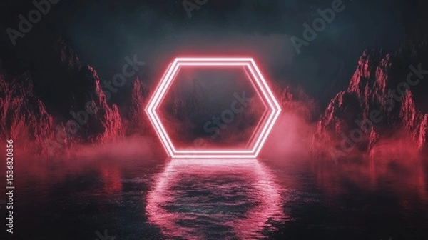 Obraz Hexagonal neon light frame in a misty landscape.