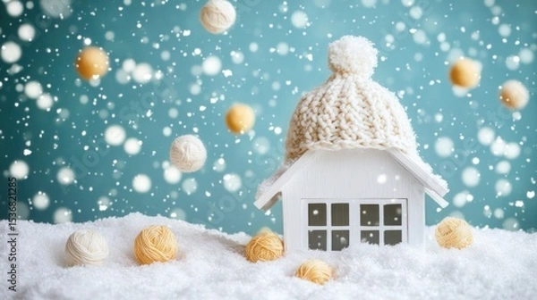 Obraz A miniature house adorned with a knitted hat sits in the snow.