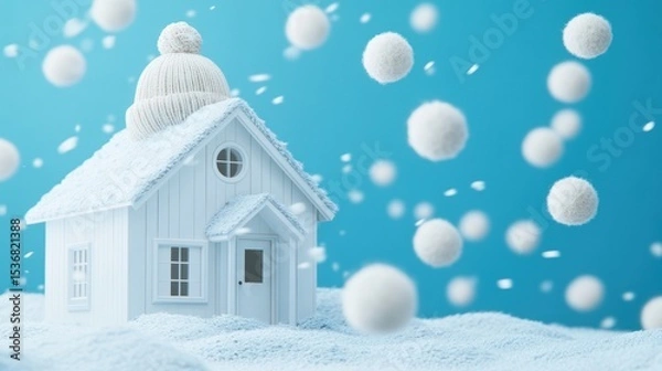 Obraz A small, white house with a knitted hat sits in a snowy landscape.