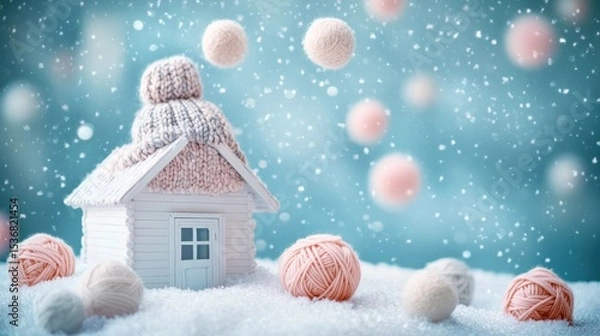 Obraz Miniature wooden house adorned with knitted hat, surrounded by yarn balls in a snowy scene.