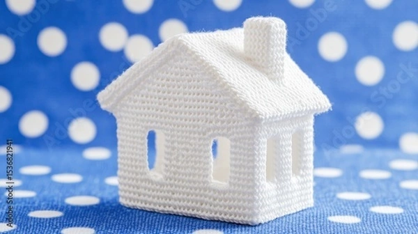 Obraz White crocheted house figurine on a blue polka dot background.