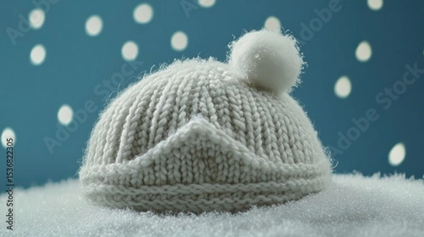 Obraz Knitted winter hat resting on a bed of snow.