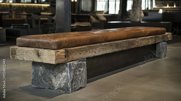 Fototapeta Rustic leather bench in modern space.  Wooden planks support a leather seat, resting on large stones.  Dark metal base
