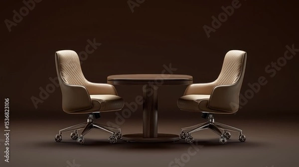 Fototapeta Beige leather chairs and round table.  Dark brown backdrop.  Studio shot