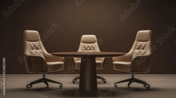 Fototapeta Meeting room,  beige leather chairs, dark wood table.  A digitally rendered scene of a conference room. Four leather chairs, beige in color,  surround a round, dark wooden table.  