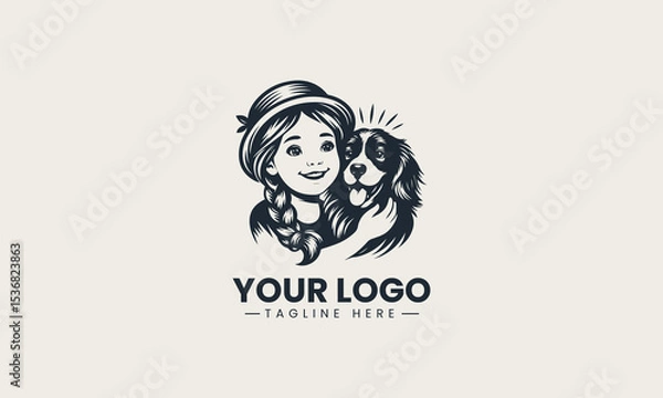 Fototapeta Happy young girl lovingly holding cheerful little dog in cute cartoon vector logo design style