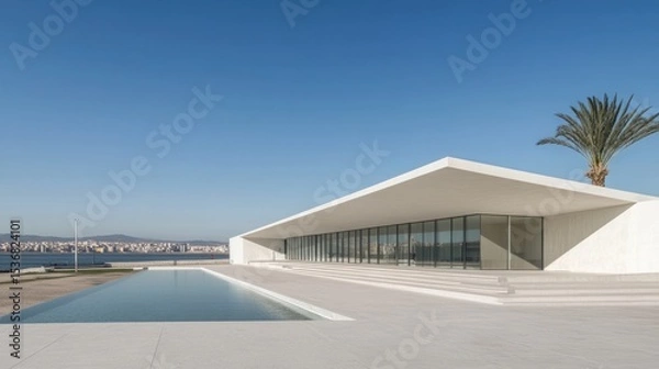 Obraz Modern architectural structure with a large pool and city views.
