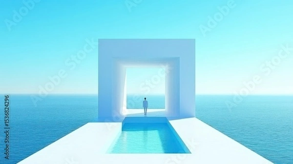 Obraz Modern architectural structure with infinity pool overlooking the sea.