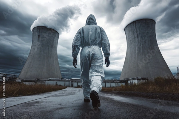 Obraz Worker in hazmat suit walking near the cooling towers of a nuclear plant, dramatic cloudy sky.