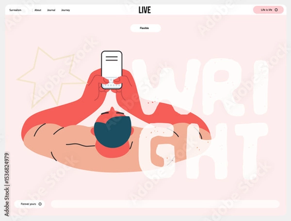 Fototapeta Writing people, modern flat vector concept illustration- sitting man thoughtfully writing on laptop, bubble near head, top view. Metaphor for reflection, insight, contemplation, creative expression