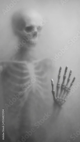 Fototapeta Eerie skeleton behind fog.
