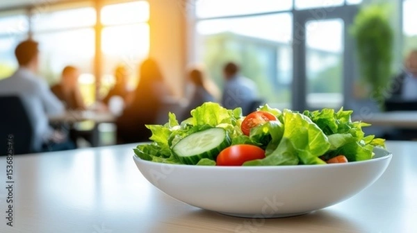 Obraz A fresh salad bowl with lettuce, cucumber, and tomatoes sits on a table in a bright office setting where people work in the background.