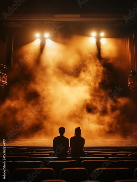 Obraz Adult couple watches a puppet show on stage at a theater in a darkened auditorium seating area