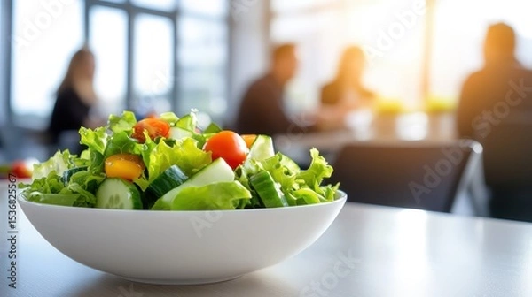 Obraz A fresh bowl of mixed salad with lettuce, tomatoes, and cucumbers sits on a table in a bright office setting with blurred people in the background.