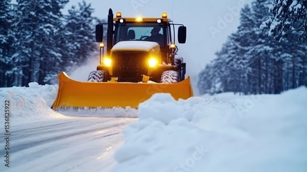 Obraz A yellow snowplow clears a snowy road in a forested area during winter, with snow-covered trees on both sides.
