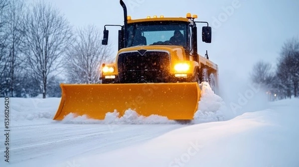 Obraz A bright yellow snowplow clears a snow-covered road during a snowy winter day with bare trees in the background.