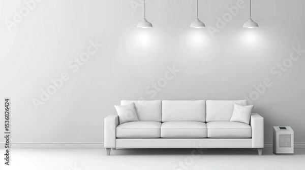 Obraz A minimalist living room scene with a white sofa and pendant lights.